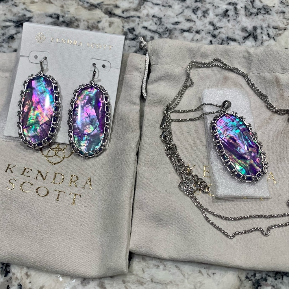 New Kendra Scott Danielle Macramé Lilac Abalone Silver Earrings and Necklace